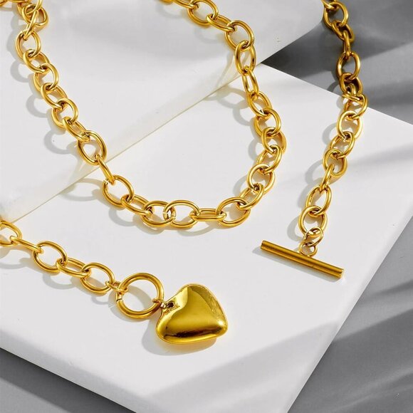 Retro Heart Charm Necklace, Chunky Thick Chain Necklaces with Puffy Heart Pendan - Picture 2 of 7